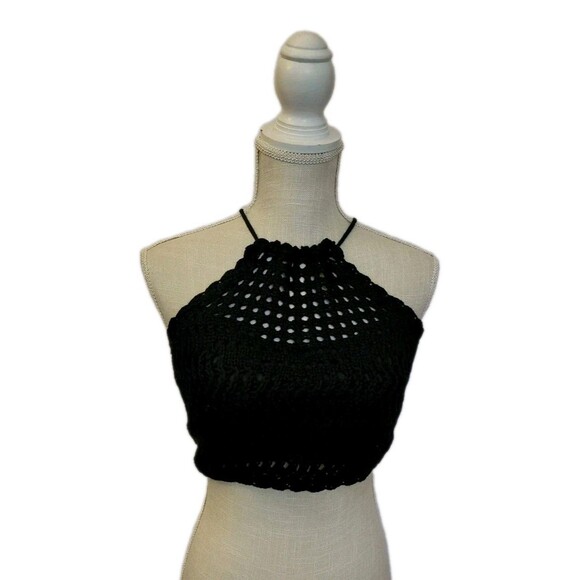 MABLE Size M Black Open Knit Crochet Cropped Halter Top w/Adjusting Tie - Picture 1 of 8